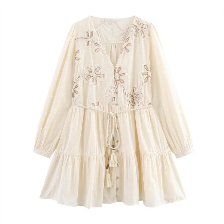 Beige Embroidered Tiered Dress With Belt price